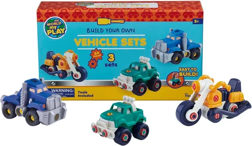Vista 2 de Toysmith Construye tu propio juego de vehículos, construye 3 vehículos diferentes de 84 piezas, el juego incluye motocicleta, camión todoterreno