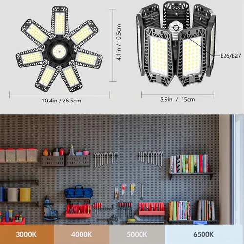 Vista 4 de Luz LED de garaje de 200W 20000LM 6500K, luces de techo de garaje con 7+1 paneles ajustables, luces de tienda con rosca E26 E27 para taller, sala