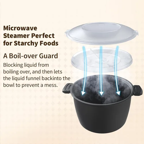 Vista 4 de Ollas de microondas profesionales grandes de 3 cuartos de galón, olla arrocera de microondas, vaporizador de microondas para verduras, segura como