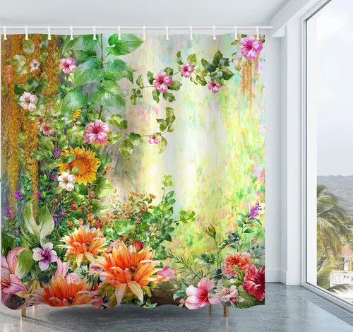 Vista 2 de Cortina de ducha floral acuarela abstracta hojas verdes prado tela de poliéster juego de cortina de ducha de baño decoración con ganchos, 72 x 72