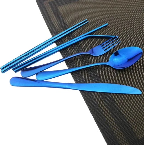 Vista 4 de JASHII Juego de cubiertos portátiles de 8 piezas, incluye cuchillo, tenedor, cuchara, palillos, pajitas, bolsa portátil para viajes, trabajo