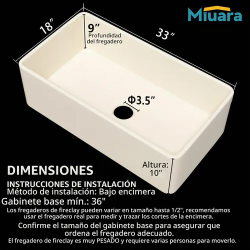 Vista 2 de Miuara Fregadero de cocina con delantal de arcilla refractaria de hueso