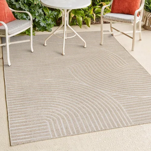 Vista 3 de Eyely NCS100D-3 - Alfombra de área para interiores/exteriores Hallie, diseño minimalista de curvas geométricas altas y bajas, beige/crema, 3 pies x