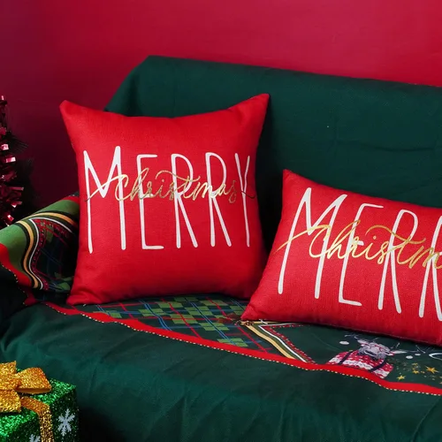 Vista 5 de ONWAY Funda de almohada de Navidad de 16 x 16 pulgadas, funda de almohada lumbar con texto en inglés "Merry Christmas", color rojo dorado