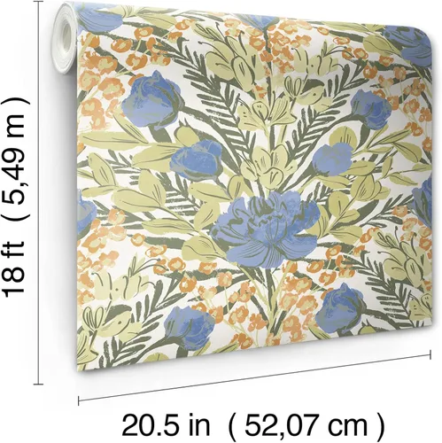 Vista 4 de Bright Multi Moody June Blooms - Papel tapiz para despegar y pegar, color azul