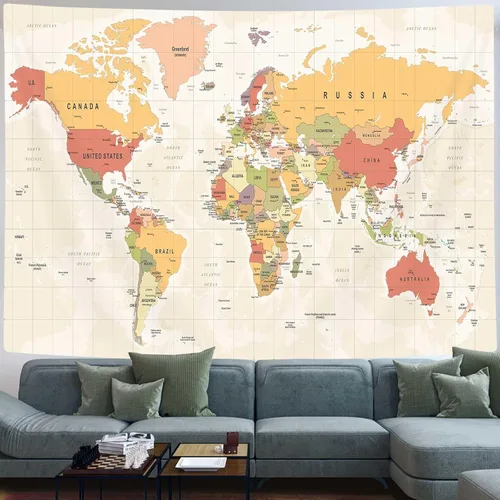 Vista 5 de ICTEISOM Tapiz de mapa del mundo para niños estudiantes, mapa del mundo con países y ciudades principales, tapiz de arte de pared póster tapices