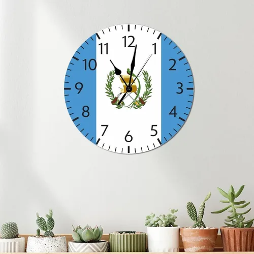 Vista 3 de Reloj de pared de madera con bandera de Guatemala, con banderas nacionales, funciona con pilas, sin tictac, 12 pulgadas, reloj de pared rústico