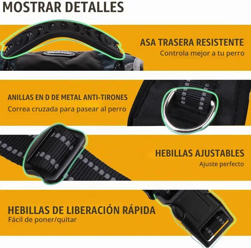 Vista 2 de Mihachi Arnés para perro para perros medianos, chaleco de servicio sin tirones a prueba de escapes, con tiras reflectantes y asa de control Azul