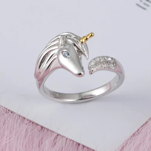Vista 3 de ACJNA Anillo de plata de ley 925 con diseño de unicornio, ajustable, regalo para adolescentes y mujeres, fiesta de unicornio, Metal, Circonita cúbica