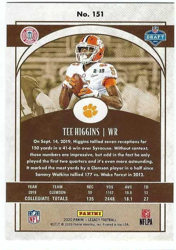 Vista 2 de TEE HIGGINS 2020 Panini Legacy #151 Rookie Card RC Football Cincinnati Bengals Clemson Tigers