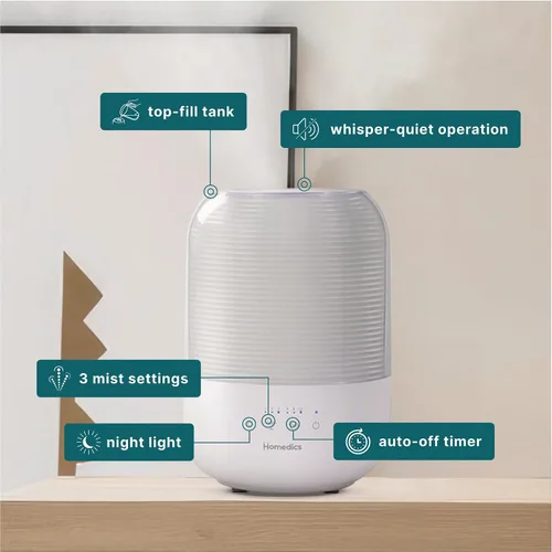 Vista 3 de Homedics Humidificador ultrasónico de niebla fría, tanque de agua de llenado superior de 3 litros, cubre 395 pies cuadrados, tiempo