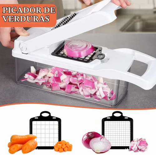 Vista 2 de KEOUKE Cortador de verduras de mandolina pro - Cortador de alimentos con 16 cuchillas intercambiables con recipiente, protector manual y escurridor