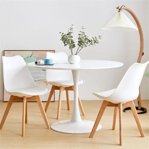 Vista 13 de Mesa de comedor moderna redonda de madera maciza con base de tulipán, muebles de comedor, mesa pequeña para comedor, cocina, ocio, mesa de café Negro