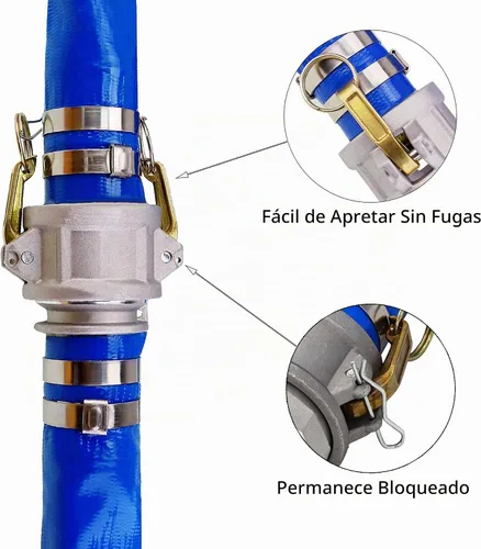 Vista 4 de Manguera de descarga plana de PVC de 2 pulgadas de diámetro interior x 25 pies con conexiones Camlock C y E de aluminio, mangueras de bomba