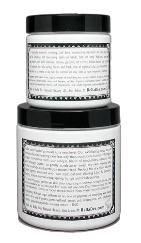 Vista 3 de Juego de baño y cuerpo lila y grosella espinosa Loción, gel de baño, lata de velas, exfoliante y crema de manos y pies Productos