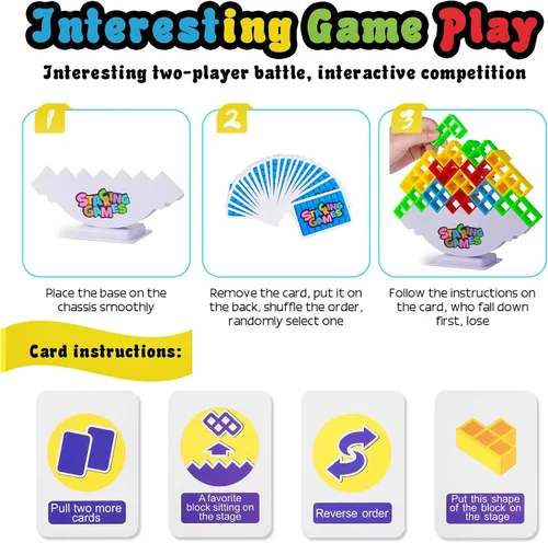 Vista 5 de CERBONNY Juego de 48 bloques apilables de torre Tetra, juegos de mesa para familias, fiestas, viajes y construcción de equipos, adecuado para 1-4