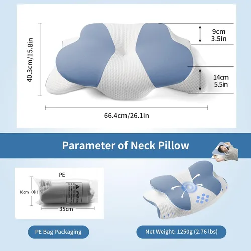 Vista 4 de Almohada ergonómica de espuma viscoelástica contorneada con tecnología de enfriamiento, diseño de soporte cervical (azul y blanco)