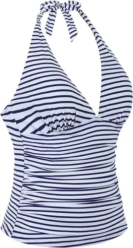 Vista 2 de Hilor - Parte superior de tankini para natación, con cuello profundo en V y halter, drapeado, para mujer
