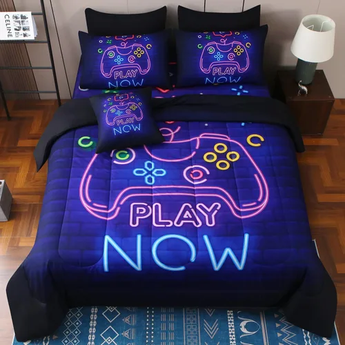 Vista 15 de JQinHome - Juego de edredón Gamer individual para niños y niñas, juego de cama en una bolsa de 6 piezas con diseño de videojuego 3D - Juego de ropa