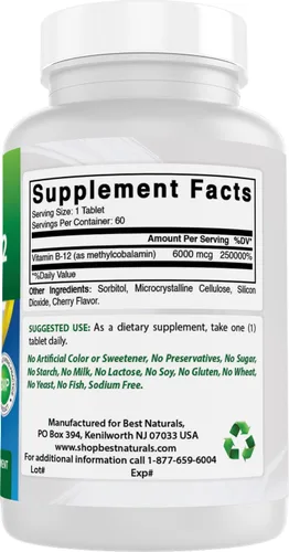 Vista 6 de Best Naturals Vitamina B-12 como metilcobalamina (metil B12), 6000 mcg comprimido, 60