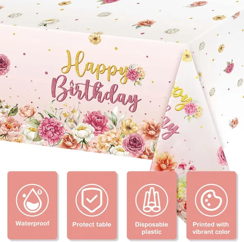 Vista 3 de Oudain Mantel de plástico para fiesta de cumpleaños, 3 piezas, color rosa, desechable, rectangular, rosa, para decoración de fiesta de cumpleaños