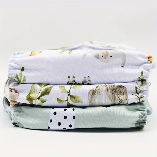 Vista 5 de 3 unidades de pañales de tela reutilizables con diseño de sujetadores de gancho y bucle con 3 insertos de microfiador (estampados de animales)