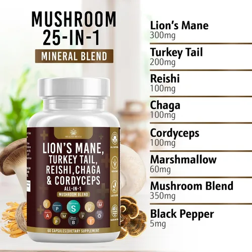 Vista 3 de Suplemento de hongos con cola de pavo de melena de león Reishi Cordyceps Chaga raíz de malvavisco - 120