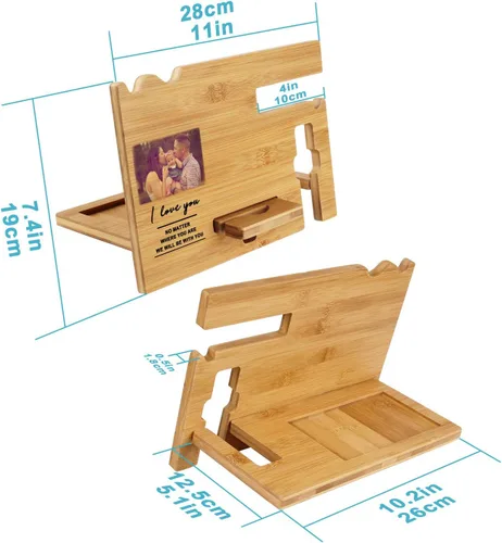 Vista 4 de Regalos para hombres – Estación de acoplamiento de madera personalizada – Organizador de mesita de noche grabado con soporte para teléfono, soporte