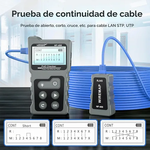 Vista 5 de NOYAFA NF-488 - Probador de cable POE para alimentación sobre Ethernet, comprobación de continuidad de cable de red, detector de bucle invertido POE