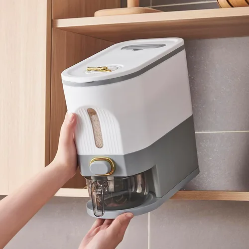 Vista 9 de Gagee Dispensador de arroz de 11 libras, gran contenedor de almacenamiento de granos con tapa, cilindro de medición a prueba de humedad, dispensador