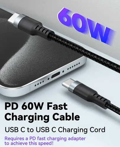 Vista 2 de Cable USB C de 1 pie, 2 unidades, carga rápida de 60 W, cable de carga USB