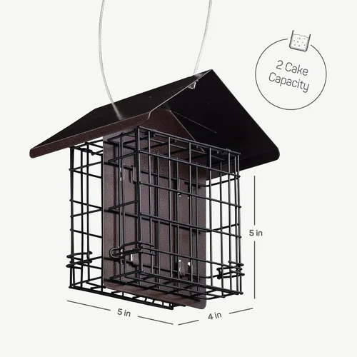 Vista 7 de Comedero para pájaros de sebo para exteriores [doble capacidad] Comedero para pájaros silvestres con techo de metal colgante, comedero de sebo