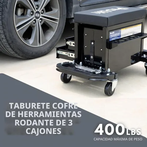 Vista 3 de Pro-Lift Mecánico - Asiento de rodillo con caja de herramientas, taburete de 3 cajones con cojín de asiento acolchado para enredadera de garaje