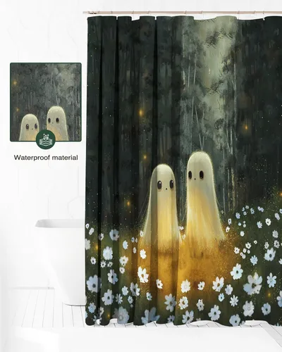 Vista 2 de Lindameler Cortina de ducha de Halloween de tela espeluznante, bonita cortina de baño de fantasma, decoración con 12 ganchos de 72 x 72 pulgadas