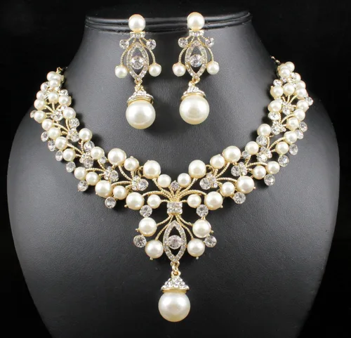 Vista 2 de Conjunto de collar de perlas de imitación de marfil blanco con diamantes de imitación transparente austriaco, conjunto de joyas de plata u oro