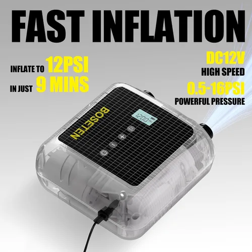 Vista 4 de Bomba de tabla de remo, bomba de aire eléctrica SUP, función de desinflación, apagado automático, conector de coche de 12 V CC para tabla de remo