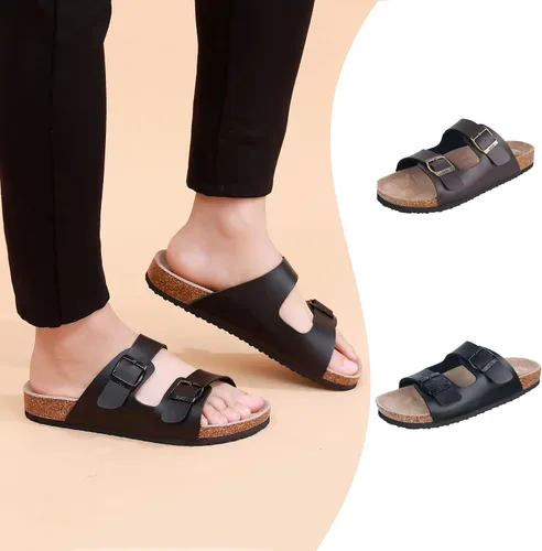 Vista 2 de WTW Sandalias con plantilla de corcho para hombre, zapatos deslizantes de playa con correa ajustable de hebilla de metal para hombre, estilo casual