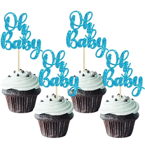 Vista 16 de Gyufise 36 piezas Adornos para cupcakes Oh Baby con moño azul y rosa, brillante dorado, adornos para cupcakes de baby shower, adornos para cupcakes