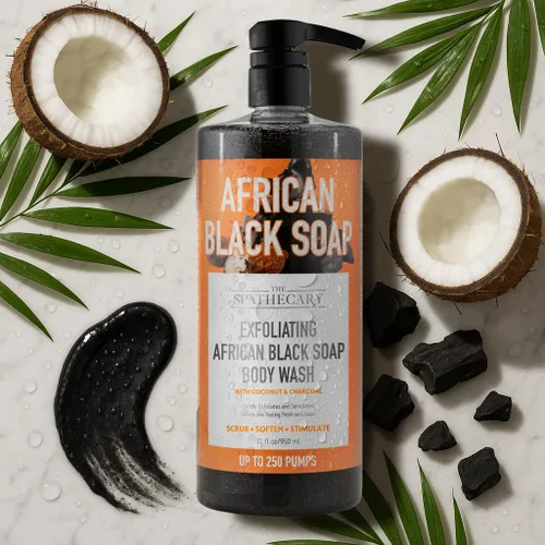 Vista 3 de Jabón negro africano exfoliante con coco y carbón, exfoliante, suavizante, estimulante, 32 onzas