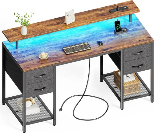 Vista 14 de Huuger Escritorio para computadora de 47 pulgadas con 4 cajones, escritorio para juegos con luces LED y tomas de corriente, escritorio de oficina