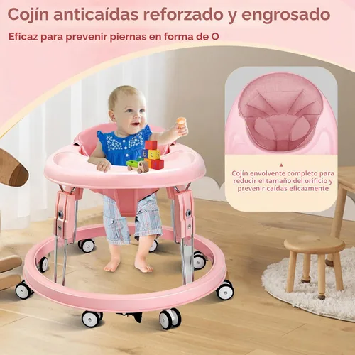 Vista 3 de Andador para bebés con ruedas, plegado de un solo toque, ajuste de altura Color rosa.