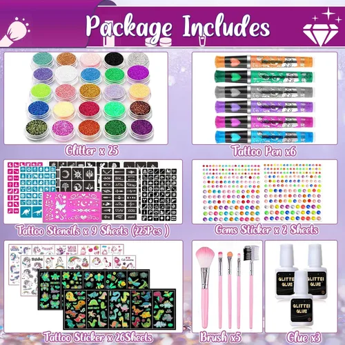 Vista 8 de TEUVO Kit de tatuaje con purpurina para niños con 25 colores, 225 plantillas, 6 bolígrafos, 2 hojas de diamantes de imitación, 5 pinceles, 3