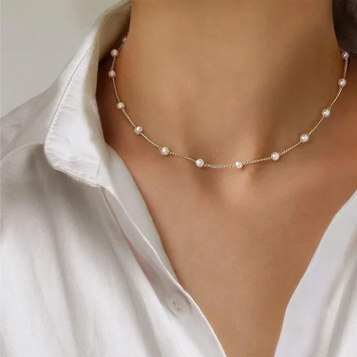 Vista 3 de Collar de perlas chapado en oro de 14 quilates en capas, cadena de espiga simple, para mujer, regalos de joyería