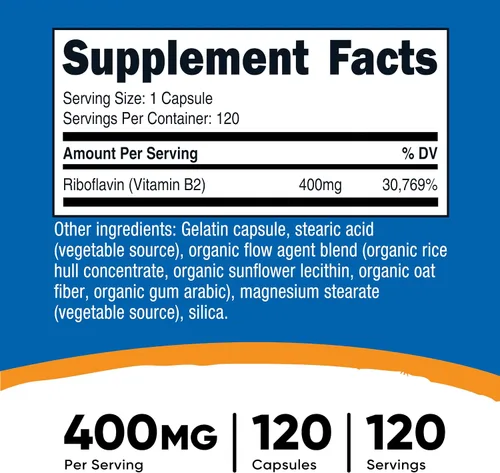 Vista 2 de Vitamina B2 Nutricost (riboflavina) 0.014 onzas, 120 cápsulas, 1 botella, 1 Sin OGM