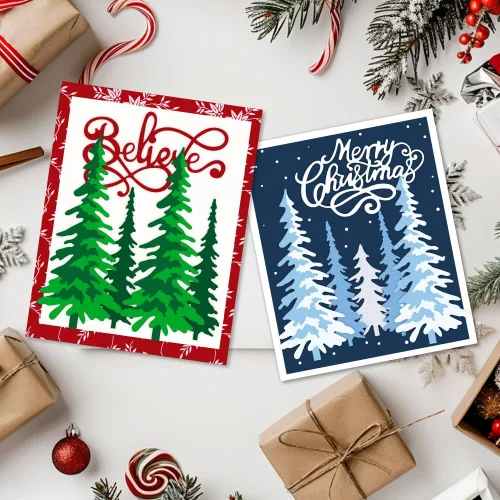Vista 7 de ORIGACH 6 piezas de árbol de pino de Navidad y palabras de Feliz Navidad, troqueladas de metal para hacer tarjetas, manualidades, álbumes