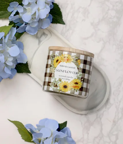 Vista 6 de Vela de girasol, velas perfumadas de girasol de verano, regalo para mujeres, vela grande de 3 mechas, 14 onzas