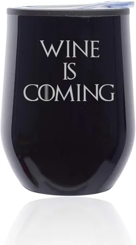 Vista 8 de Vaso de vino sin tallo para café, taza de viaje con tapa Wine Is Coming Funny (azul)
