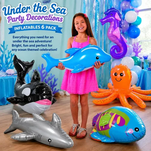 Vista 2 de Inflables bajo el mar: ballena, delfín, pulpo, tiburón, pez arcoiris, y caballitos de mar.