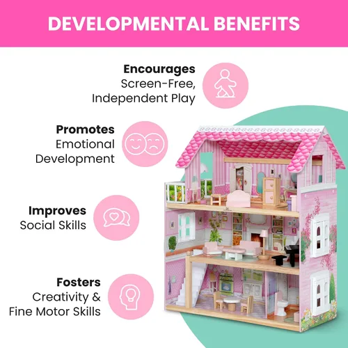 Vista 5 de Delta Children Casa de Muñecas Little Gem - Casa de muñecas de 3 pisos con 4 habitaciones - Incluye 16 accesorios - Para muñecas de 5 pulgadas
