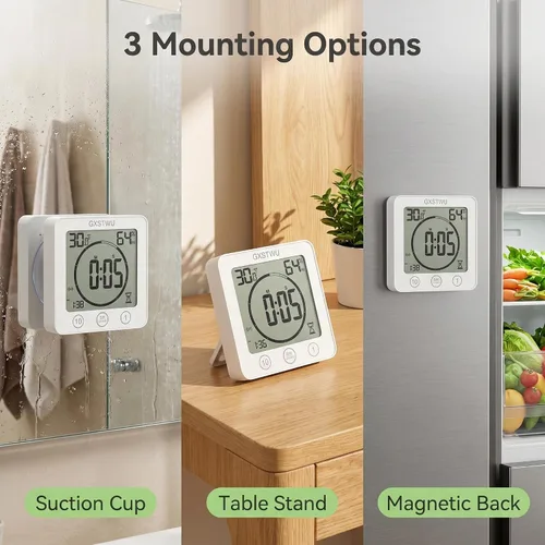 Vista 2 de Reloj de ducha digital, reloj temporizador de baño, resistente al agua para rociar agua, alarma de cuenta regresiva, temporizador de pantalla